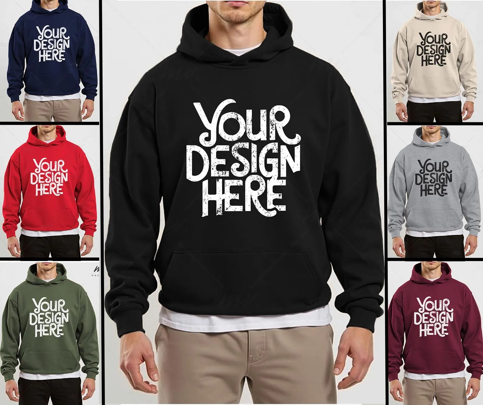 Black hoodie with 'Your Design Here' text, surrounded by other color variations of the same design.
