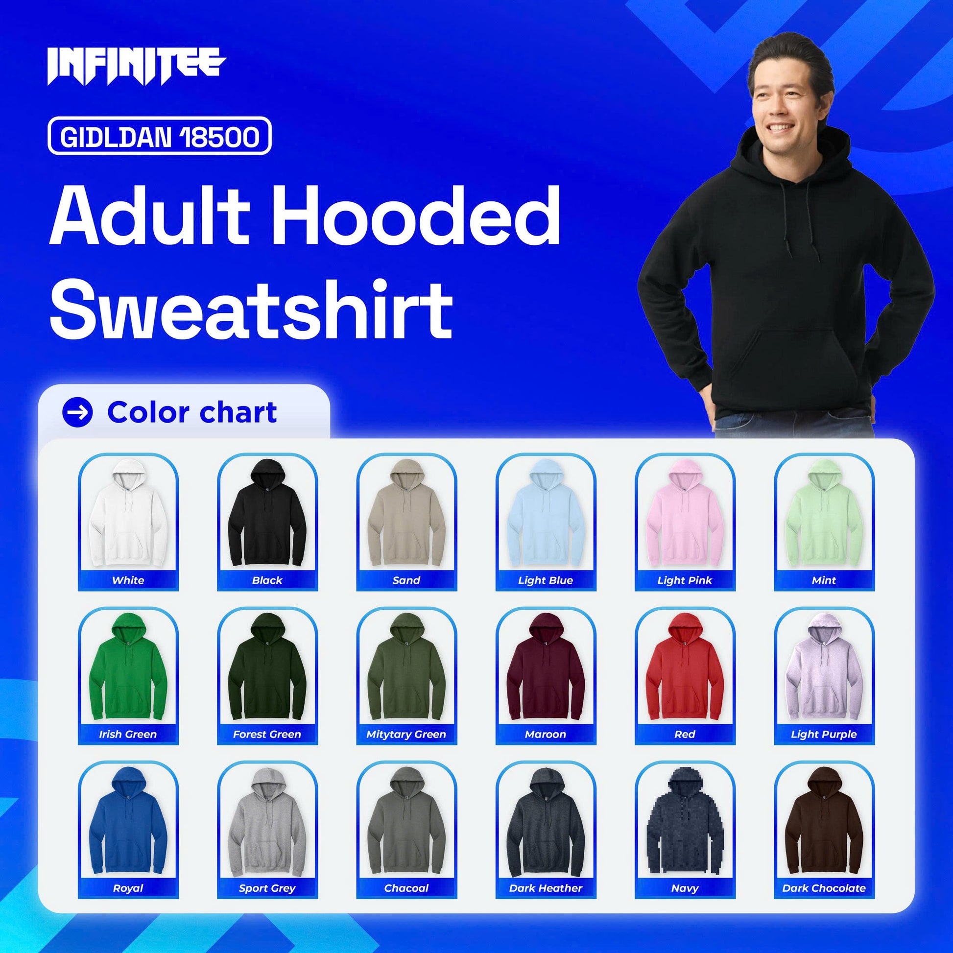 Promotional image of a black hooded sweatshirt with color chart on a blue background, featuring the brand 'Infinitee'.