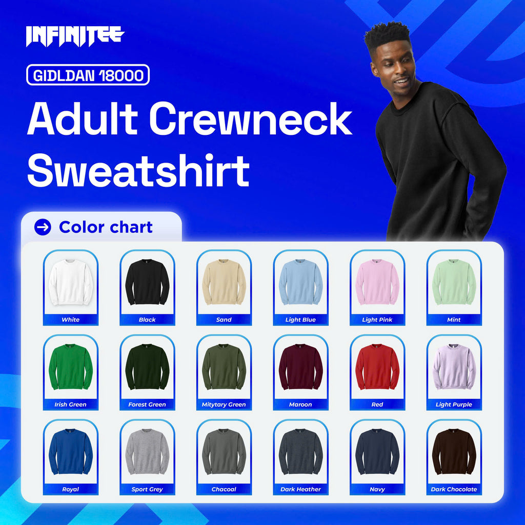 Promotional image of Adult Crewneck Sweatshirt with color chart and model wearing a black sweatshirt.