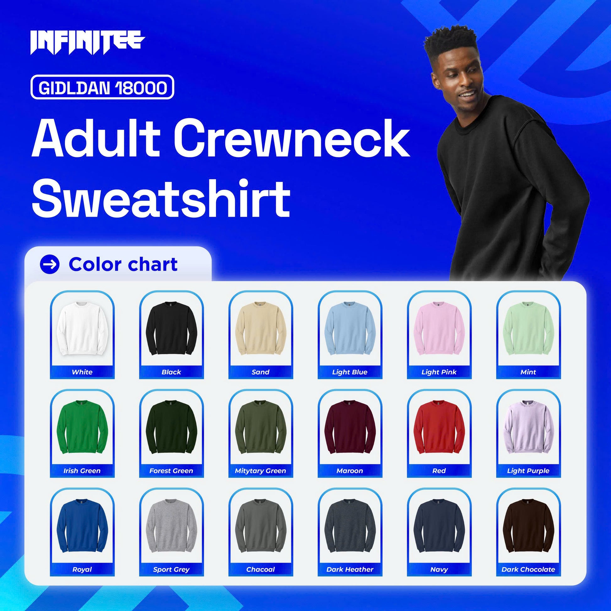 Promotional image of Adult Crewneck Sweatshirt with color chart and model wearing a black sweatshirt.